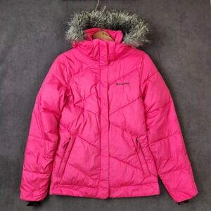 Columbia Puffer Jacket Womens Small Pink Faux Fur Hooded Omni Shield Winter Coat